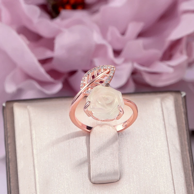 

Rings For Women Fine Jewelry 925 Sterling Silver 10*10mm Prehnite Natural Gemstone Rose Flower Leaves 18K Rose Gold Ring R-PR014