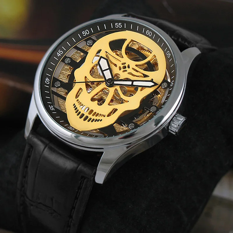 

VIGOROSO Men's Waterproof Mechanical Watch Leather Fashion Sport Army Men Wristwatch Wind up Luminous Hand Punk Skull Steampunk