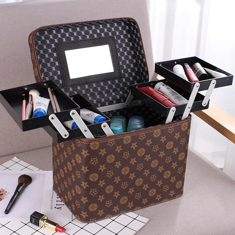 

New Large Capacity PU Leather Makeup Bag Organizer For Women Cosmetics Toiletry Bags Multi-layer Storage Box Portable Suitcase