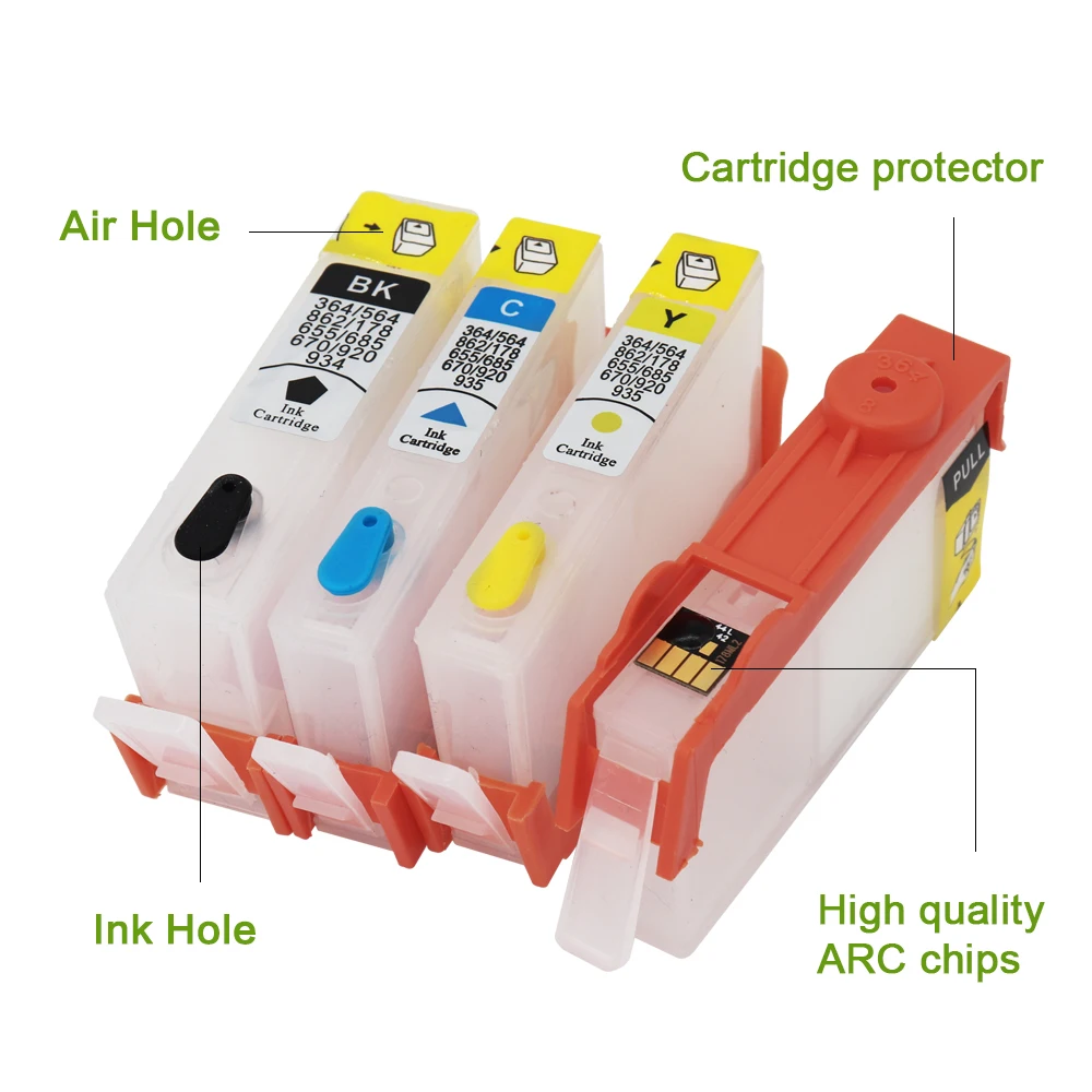 For HP 670 XL hp670 BK C M Y Refillable ink Cartridge 4 color for HP 5