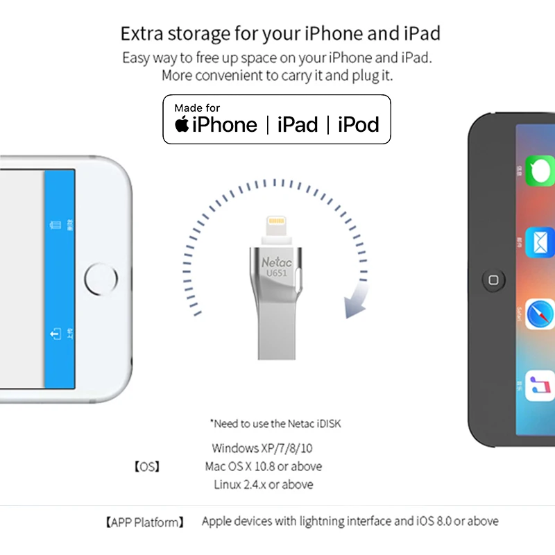 Netac U651 USB 3.0 Flash Drive 64GB MFI Lightning Pendrive For iOS 8.0 Above 32GB 64 GB Pen Drive For iPhone Xs Max X 8 7 6 iPad Netac U651 USB 3.0 Flash Drive 64GB MFI Lightning Pendrive For iOS 8.0 Above 32GB 64 GB Pen Drive For iPhone Xs Max X 8 7 6 iPad