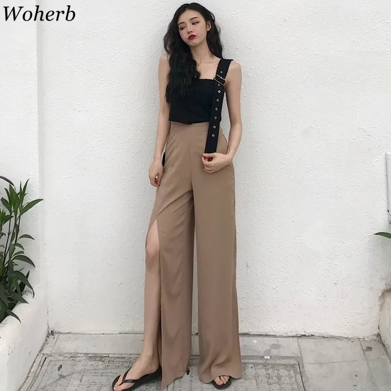 

Woherb 2019 Summer New Korean Fashion High Waist Wide Leg Pants Sexy Split Side Trousers Women Thin Casual Pant Streetwear 22344