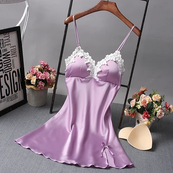 Ladies Sexy Nighty Silk V-neck Floral Sleepwear With Padded Bra 3