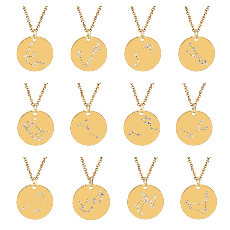 

Trendy New Gold Color Disk Constellation Necklace For Birthday Gift Friend Pendant Round Crystal Zodiac Charm Bijoux Collares