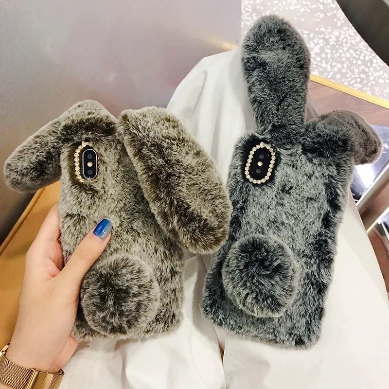

Plush Warm Phone Case for iPhone XS Max XR X Case 3D Rabbit Ears Furry fluffy Fur Cover for iPhone 6 6S 7 8 Plus XS Max XR Case