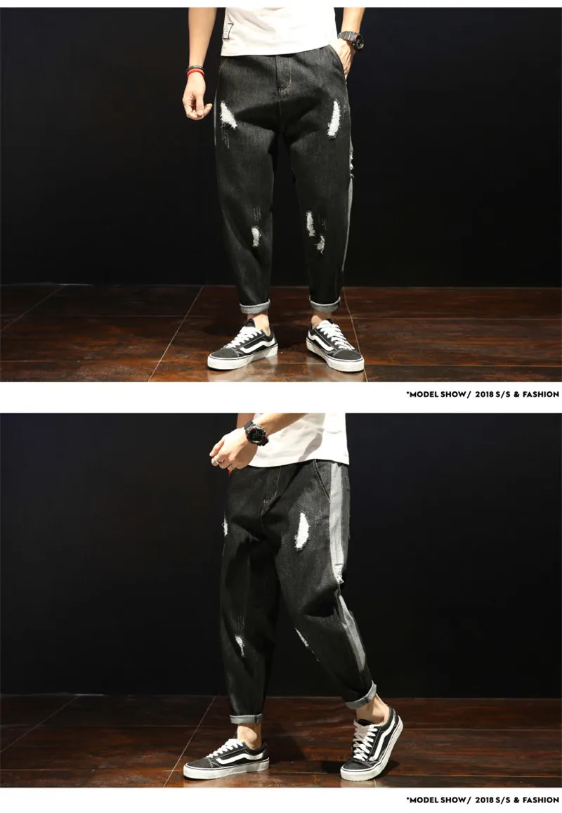 2018 New Loose Men's Harem Pants Jeans Fashion Loose Holes Ripped Washed Ankle-Length Jeans Denim Trousers BlueBlack 28-42 (8)