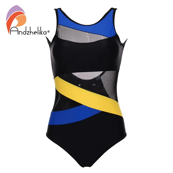 Andzhelika, сексуальный сдельный купальник, черная сетка, пэчворк, купальник, боди, летний, пляжный, открытая спина, купальник, монокини, AK7168 - Цвет: Yellow blue-2