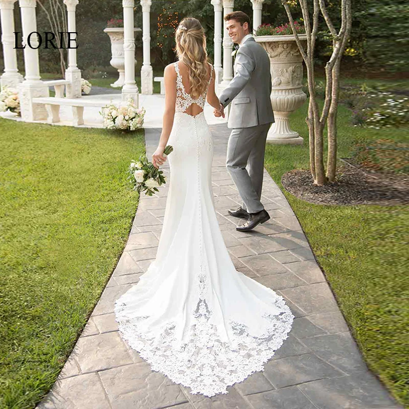 

LORIE Mermaid Wedding Dresses 2019 Sweetheart Appliques Lace Boho Wedding Gowns Backless Bride Dress Lace Train Robe De Mariage