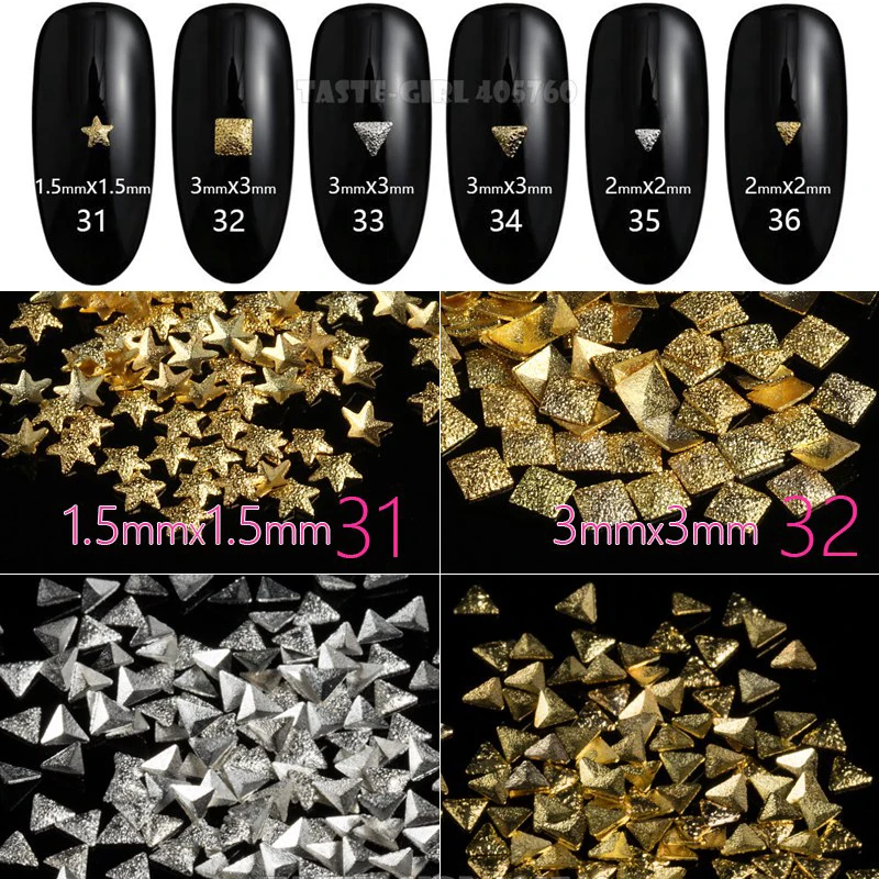 

400PCS/PACK Frosted Silver Gold 3D Rectangle Triagnle Square Star Heart Oval Drop Metal Studs Nail Art Gems Rivets Decorations