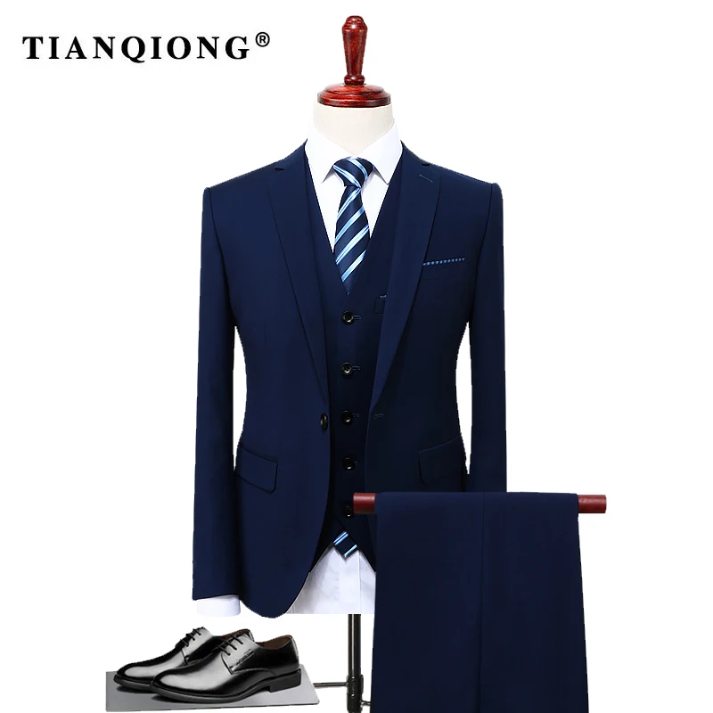 TIAN QIONG Blue 3 Piece Suit Men Korean Fashion Business Mens Suits