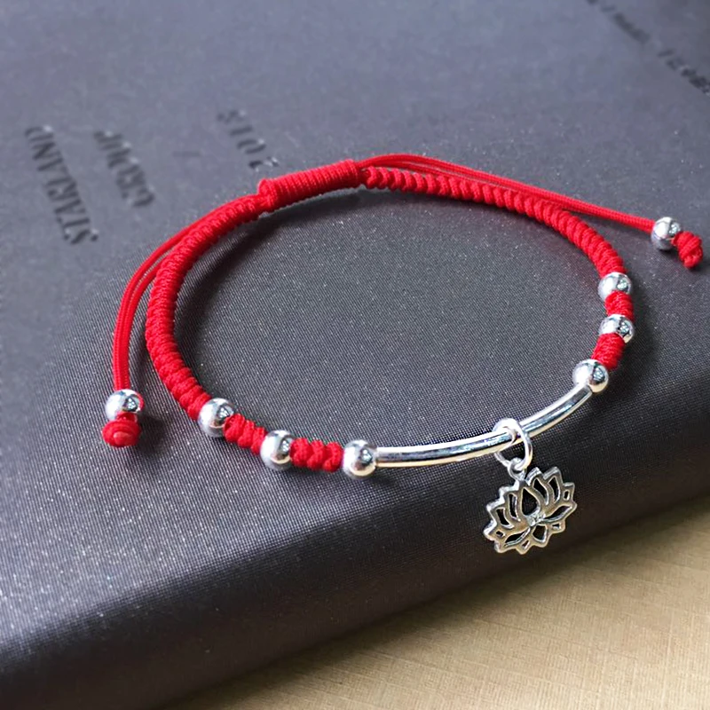 

S925 Sterling Silver Lucky Lotus Bracelet Handmade Bangle Wax String Amulet High Quality Jewelry