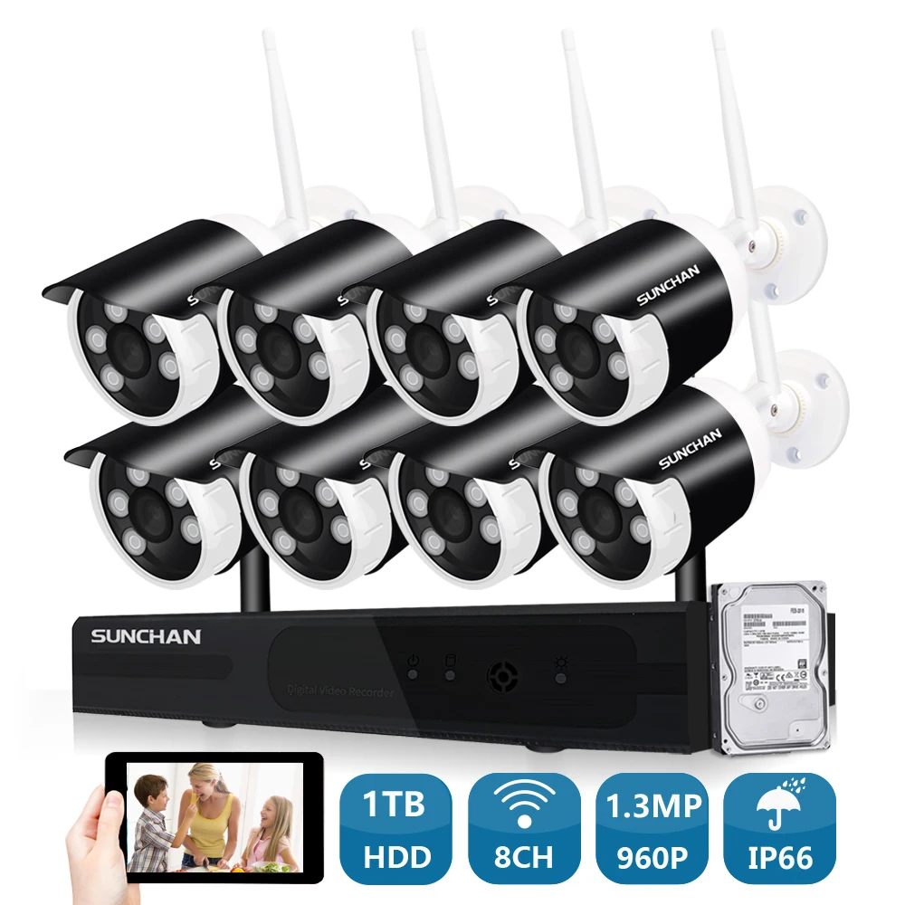 SUNCHAN 8CH CCTV Системы Беспроводной 960 P NVR 8 шт. 1.3MP ИК Открытый P2P Wi-Fi IP камера