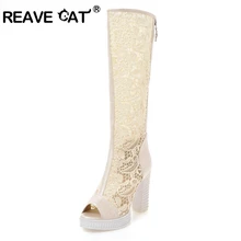 REAVE CAT/кружевные летние сапоги Для женщин сапоги с открытым носком на платформе и высоком каблуке цветок молнии вышивать большой size43 botas mujer A702