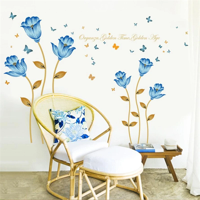2018  New Fashion Creative Blue Flowers  Wall Stickers Romance Decoration Wall Home Decor DIY Room design Removable Decor C0212 04