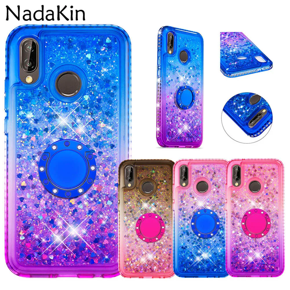 

Gradient Quicksand TPU Silicone Back Case for Huawei P20 Lite Luxury Cover With Finger Ring Stand Diamond Border for Nova 3E