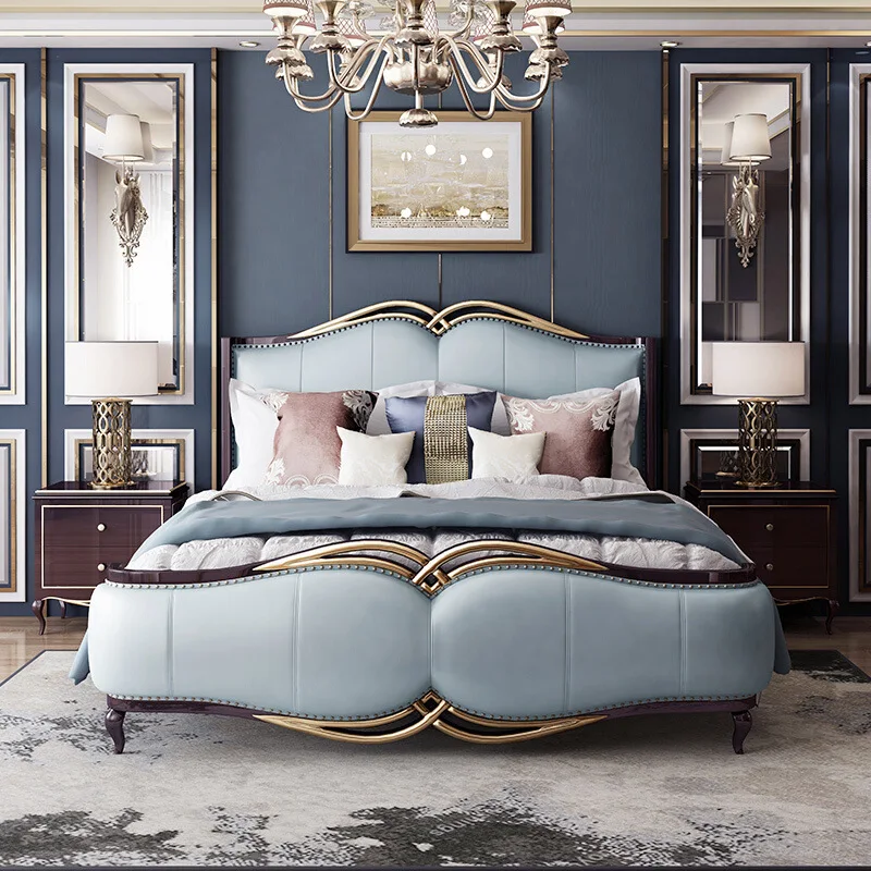 

Easyliving 2019 light luxury style genuine leather bed bedroom furniture