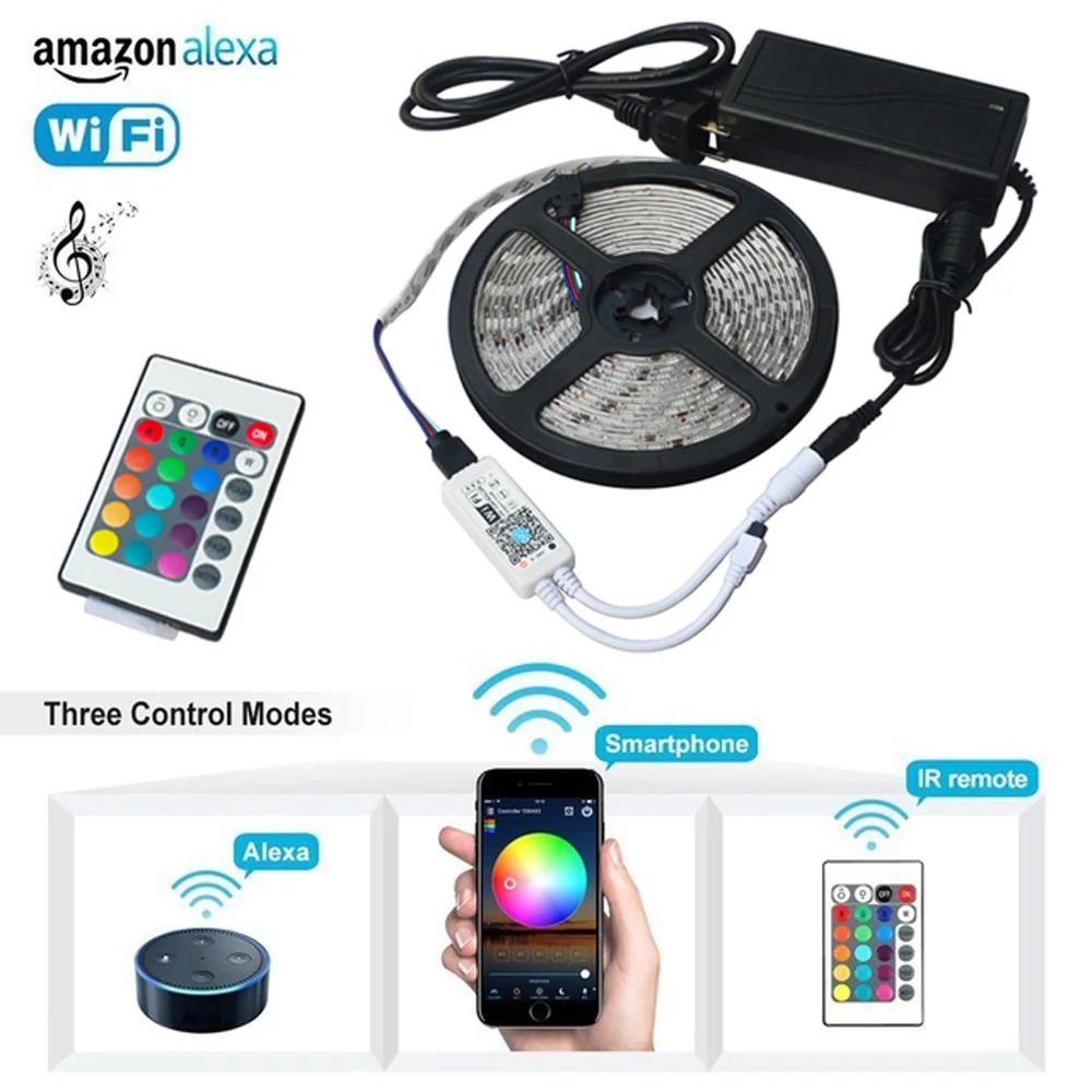 

JIAWEN 5M 5050 RGB WIFI LED Strip light Waterproof 24Key Remote WIFI Wireless Controller 12V adapter Full Kit Work with Alexa