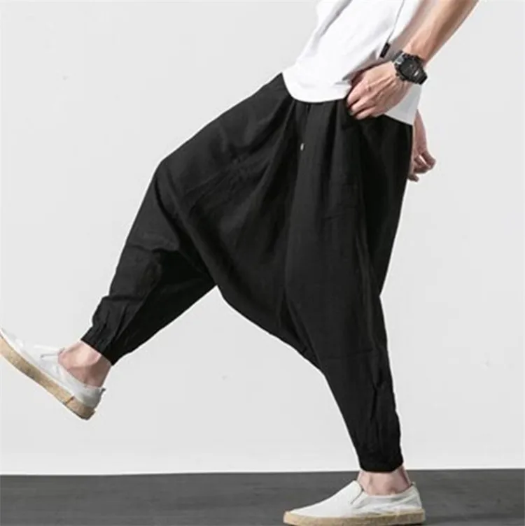 

2019 New Autunm Elastic Waist Loose casual Long Cross-pants men's plus size hip hop Trousers big size cotton linen pants M- 7XL