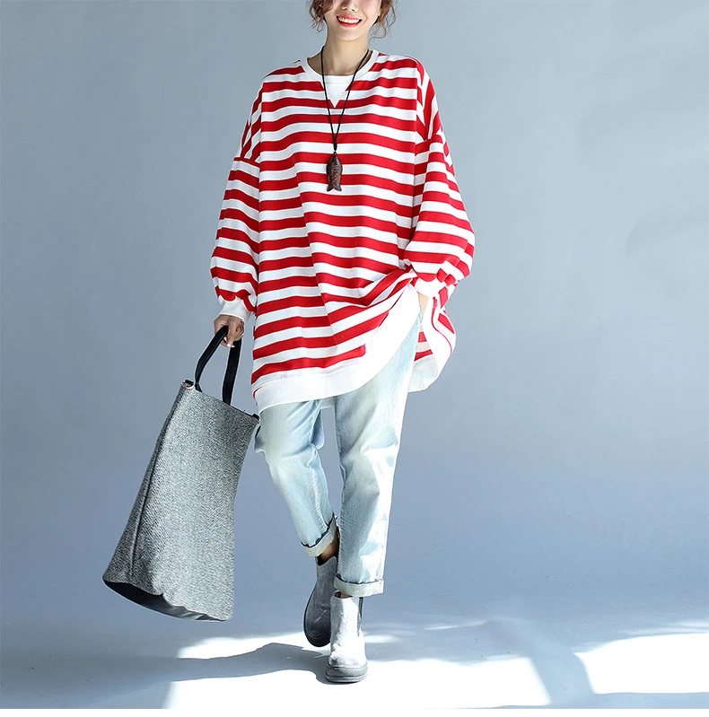 

Clobee XXXL 4XL 5XL Plus Size Women Loose Stripe Tunic 2017 Autumn New Patchwork Cotton Oversized Bat Sleeve harajuku T-Shirt
