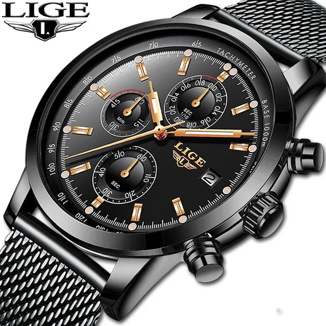 

2019 LIGE Mens Watches Luxury Brand Stainless Steel Date Quartz Watch Mens Sport Waterproof Chronograph Relogio Masculino+Box