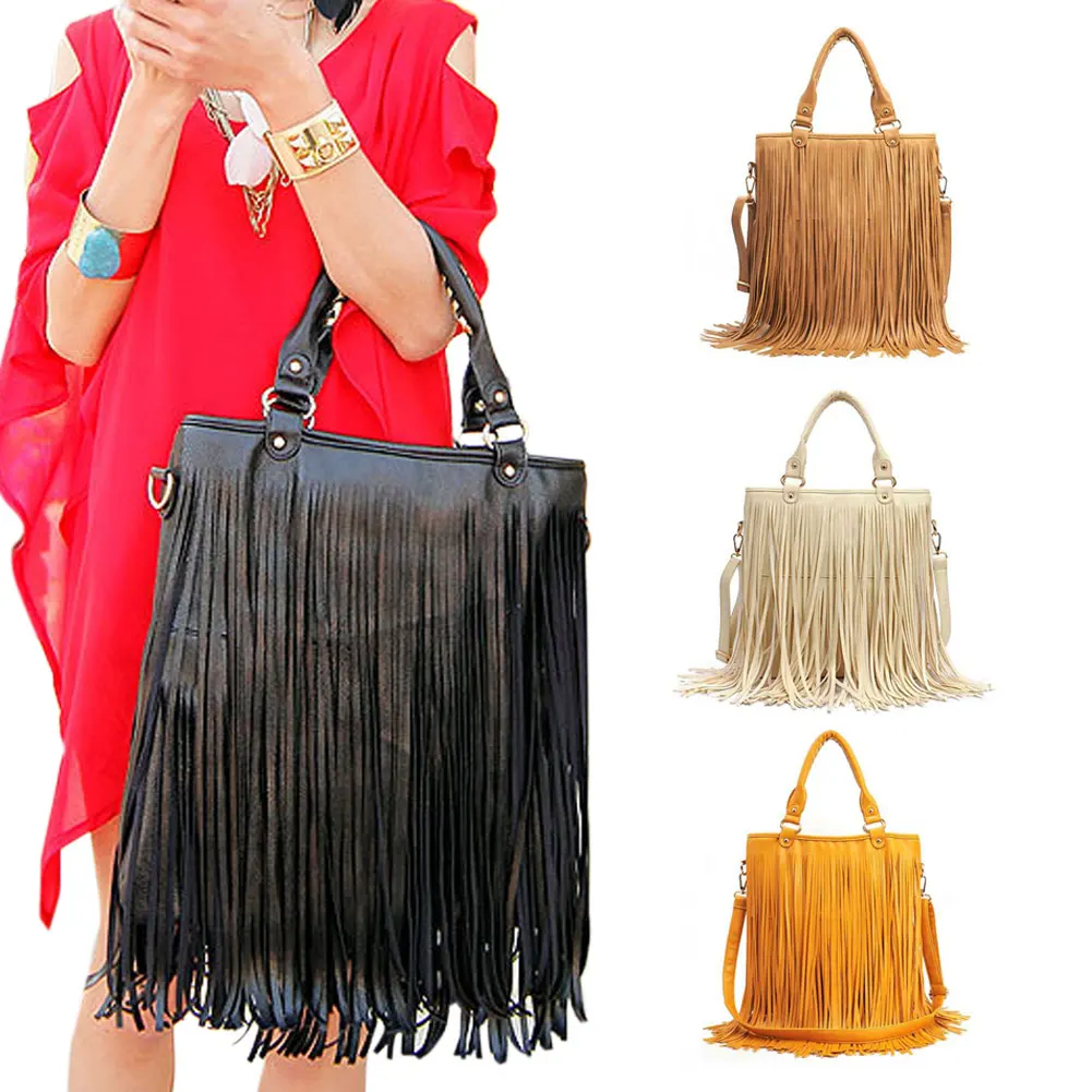 Fashion Women PU Leather Tassels Bag Hobo Clutch Handbags Shoulder Tote