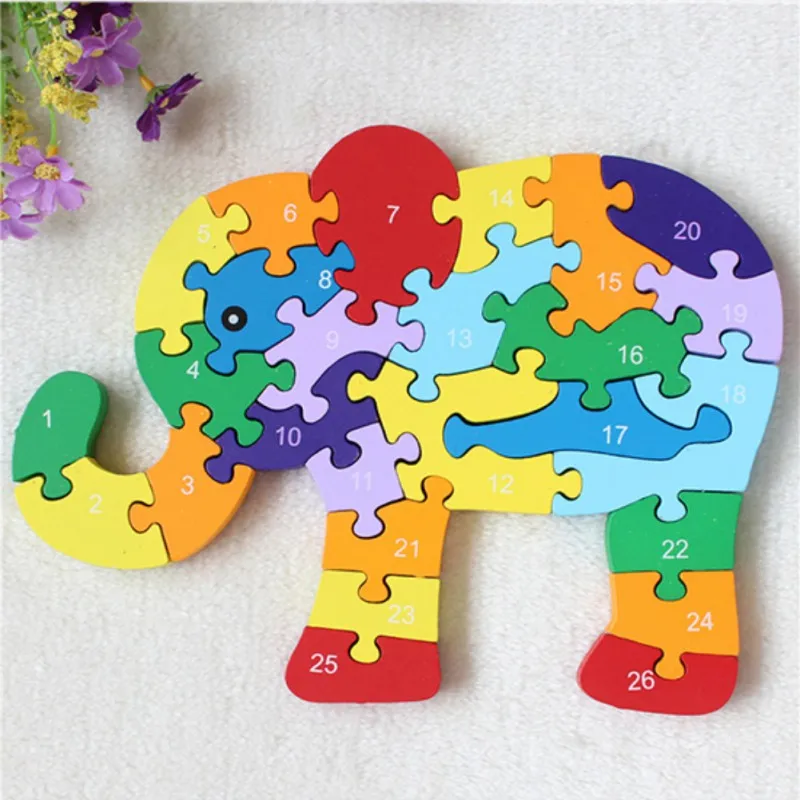 

Children's Educational Wooden Toys 26 English Letters For Kids Alphanumeric Elephant Wooden Puzzle Assembled Building Puzzle