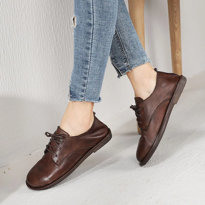 

Artdiya Original Spring and Summer 2019 New Round Toe Lace-up Flat Sole Women Shoes British Style Genuine Leather Simple Flats