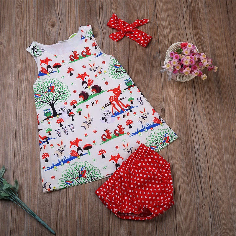 3pcs sets Newborn Baby Girl 0-24M Floral Headband Cartoon Dress Dot Shorts Outfits