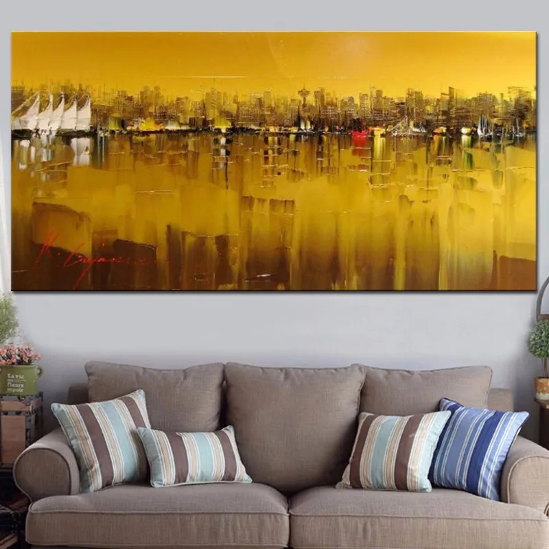 

Modern Hand Painted Abstract Textured Yellow Landscape Knife Oil Painting on Canvas 100% Building Wall Art for Bedroom Decor