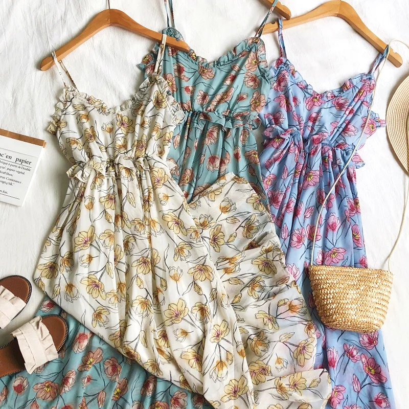 

FMFSSOM Women Sexy Spaghetti Strap Chiffon Beach Holiday Dress 2019 New Summer Ladys V Neck Floral Print Medium Long Dresses