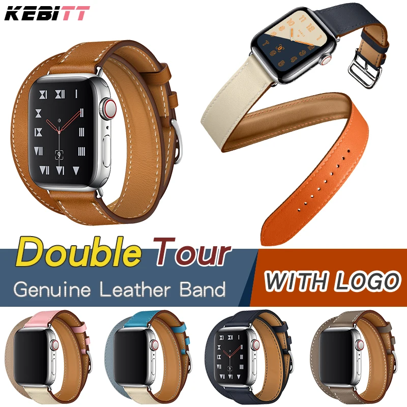 

double tour genuine leather band for apple watch series 5 3 2, iwatch4 two loop band herm strap with H logo replacement belt