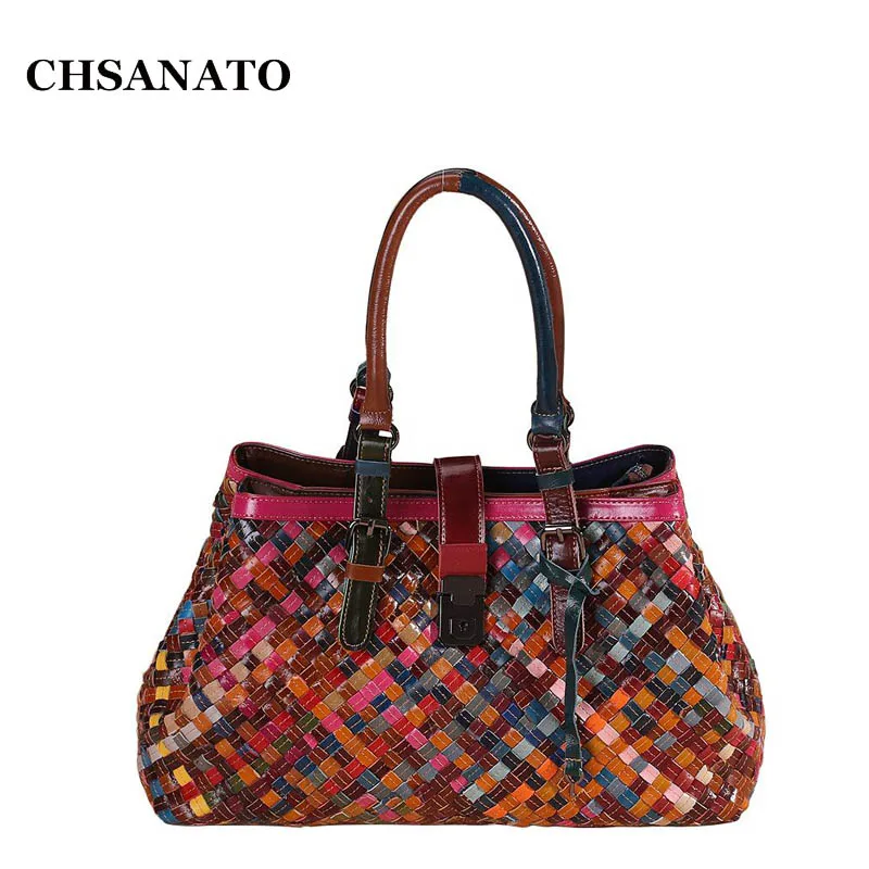 Us 46 8 49 Off Chsanato Multicolour Genuine Leather Bags Knitting Handbags Women S Shoulder Bag Messenger Colorful Handbag Female Tote In