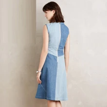 DOMODA High Waist Denim Brief Summer Dresses Women Vintage Sleeveless Midi Dress Female O-neck Patchwork Casual Vestidos Female