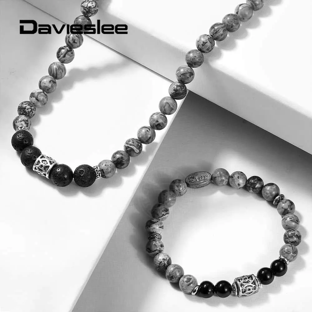

Womens Mens Bead Jewelry Sets Map Stone Black Glass Bead Necklace Bracelet Stainless Steel Star Charm Elastic Link Chain LDS05