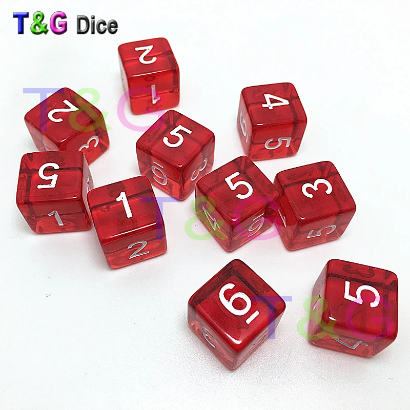 Hop Sales 10pcs/lot 16mm 6 colors transparent colored digital d6 dice,number 1-6 mtg poker,board game dice