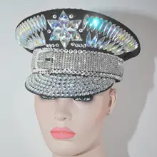 Горящий человек голографическая с украшением в виде кристаллов головной убор рейв фестиваль вечерние головные уборы капитан военная шляпа к требованиям заказчика; сверкающие; EDM сцены Dj танцевальный костюм