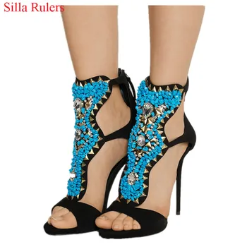 

Shiny Blue Stone Turquoise Crystal Rivets Gladiator Sandals Women Sandals 2018 Shoes Woman High Heels Pumps Boot Sandalias Mujer