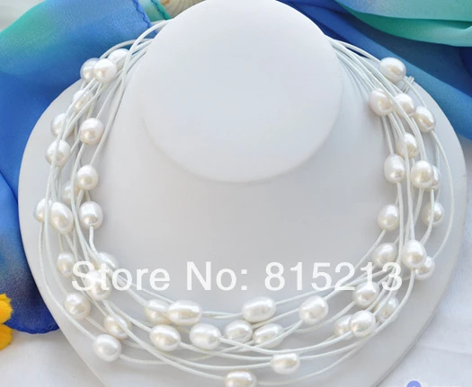 

ddh001358 wholesale 3row 14mm white rice pearl white leather necklace 3pcs