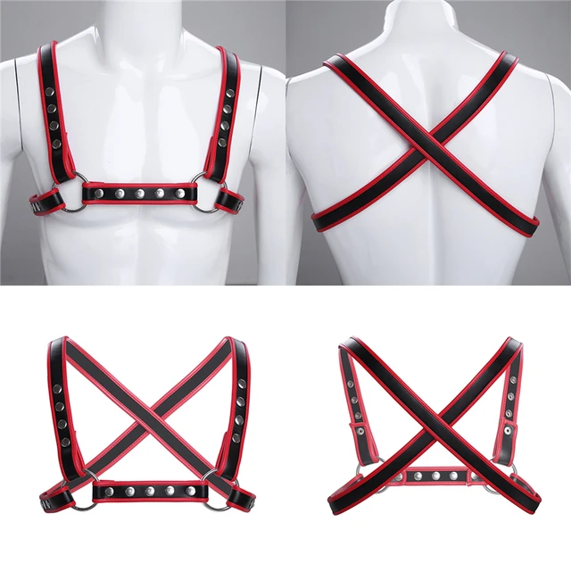 Reviews  Men Lingerie Faux Leather Adjustable Body Chest Hot Harness Bondage Top Criss-cross Back BDSM Bondage with Press Buttons