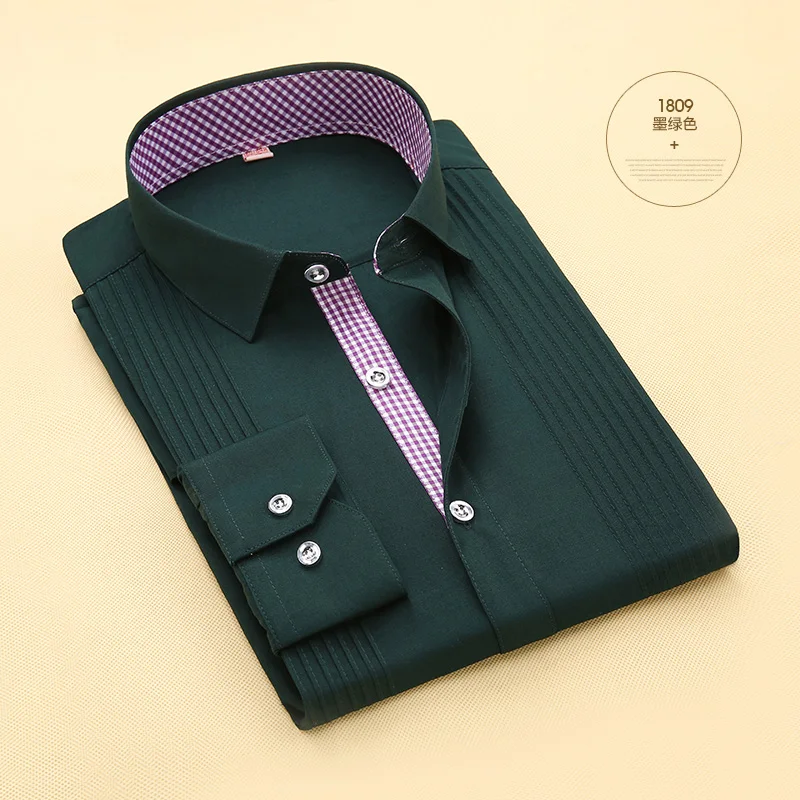 Свадебные нарядные рубашки с длинным рукавом французский на пуговицах роскошные мужские рубашки брендовая присутствовать вечерние однотонные Цвет Slim Fit рубашка-смокинг - Цвет: Dark Green 1809