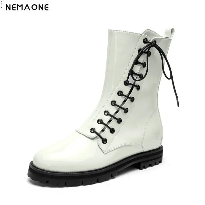 

NEMAONE Motorcycle Boots Women Genuine Leather low Heels Autumn Winter Short Ladies Shoes Woman lace up Boot size 34-43