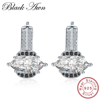 

[BLACK AWN] Fine Real 925 Sterling Silver Jewelry Black Spinel Wedding Stud Earrings for Women Silver 925 Jewelry T009