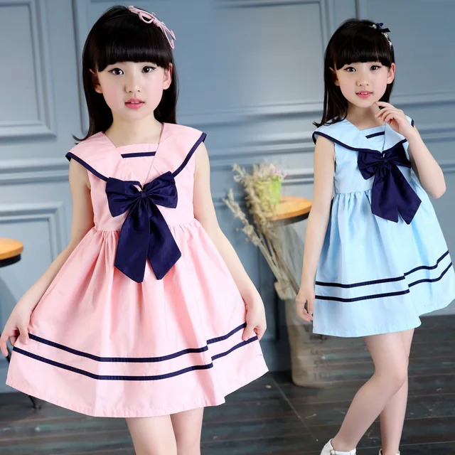 2018 new big girls dress summer short sleeve navy college style kids teens collage