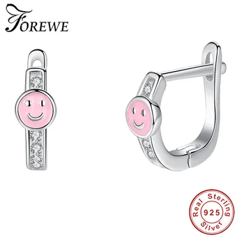 

FOREWE 925 Sterling Silver Cute Smile Face Stud Earrings for Girls Kids Pink Enamel Crystal Earrings Children Authentic Jewelry