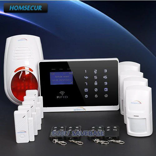 

HOMSECUR Support EN / RU voice APP Controlled Wireless GSM Autodial Home Security Alarm System+Flash Siren+RFID