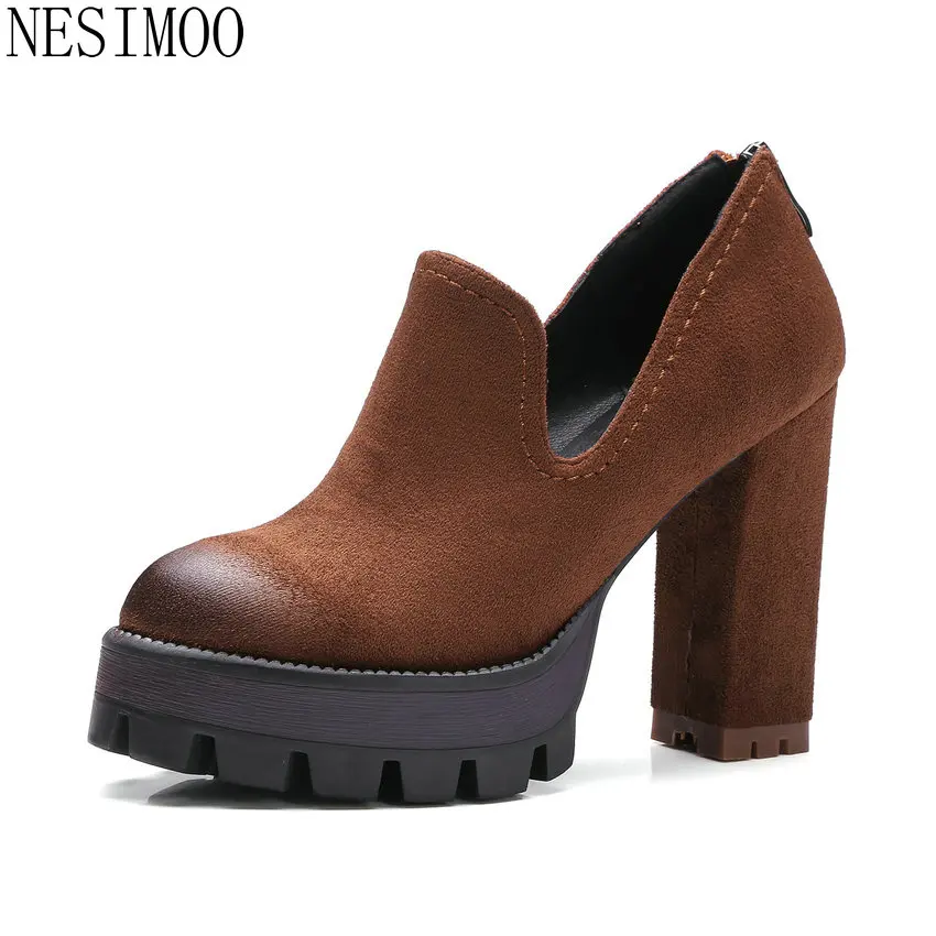 

NESIMOO 2018 Wedding Shoes Platform All Match Zipper Women's High Heel Women Pumps Ladies Square Heel Pumps Big Size 34-42