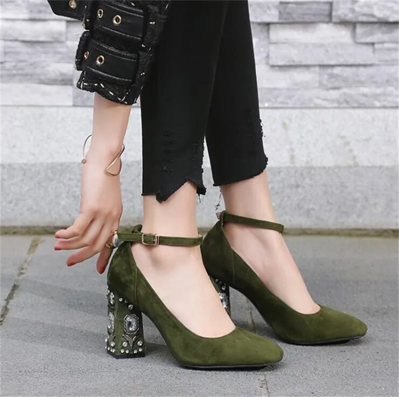 

Velvet Floral Party Wedding Shoes Woman Pumps Luxurious Cutouts High Heel Rhinestones Crystal Heel Thick Heels Ankle Strap Shoes