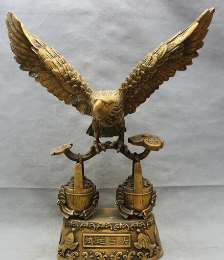 

wholesale factory 25" Chinese Bronze Fly Eagle On RuYi YuanBao Coin Wealth Bucket Cask Fish Statue