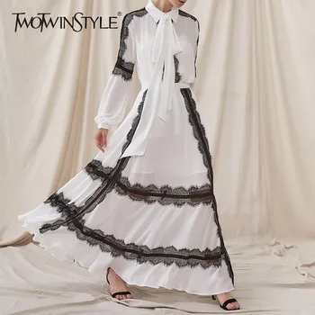 

TWOTWINSTYLE Chiffon Patchwork Lace Two Piece Set Women Bowknot Long Sleeve High Waist Long Skirt Elegant Sets Female Autumn New