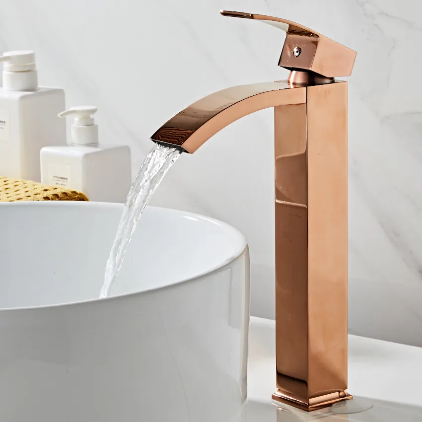 Günstig Becken wasserhahn messing bad wasserhahn einzigen griff torneiras para pia de banheiro Rose Gold waschbecken wasserhahn wasserfall wasserhahn